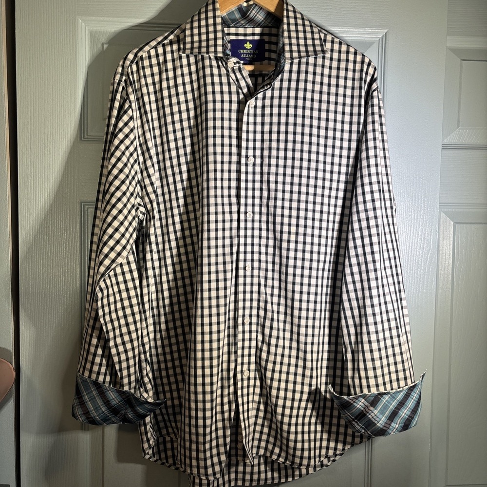 CHRISTIAN AUJARD Men's Long-sleeve 100% Cotton Button Up Grey Check Shirt Large